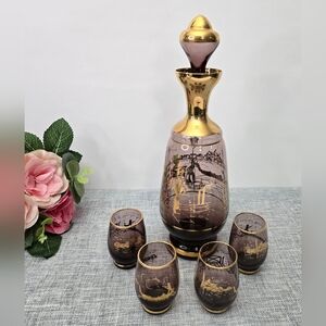 Vintage Amethyst & Gold Murano Glass Decanter Set 5‎ pieces Venetian Scene